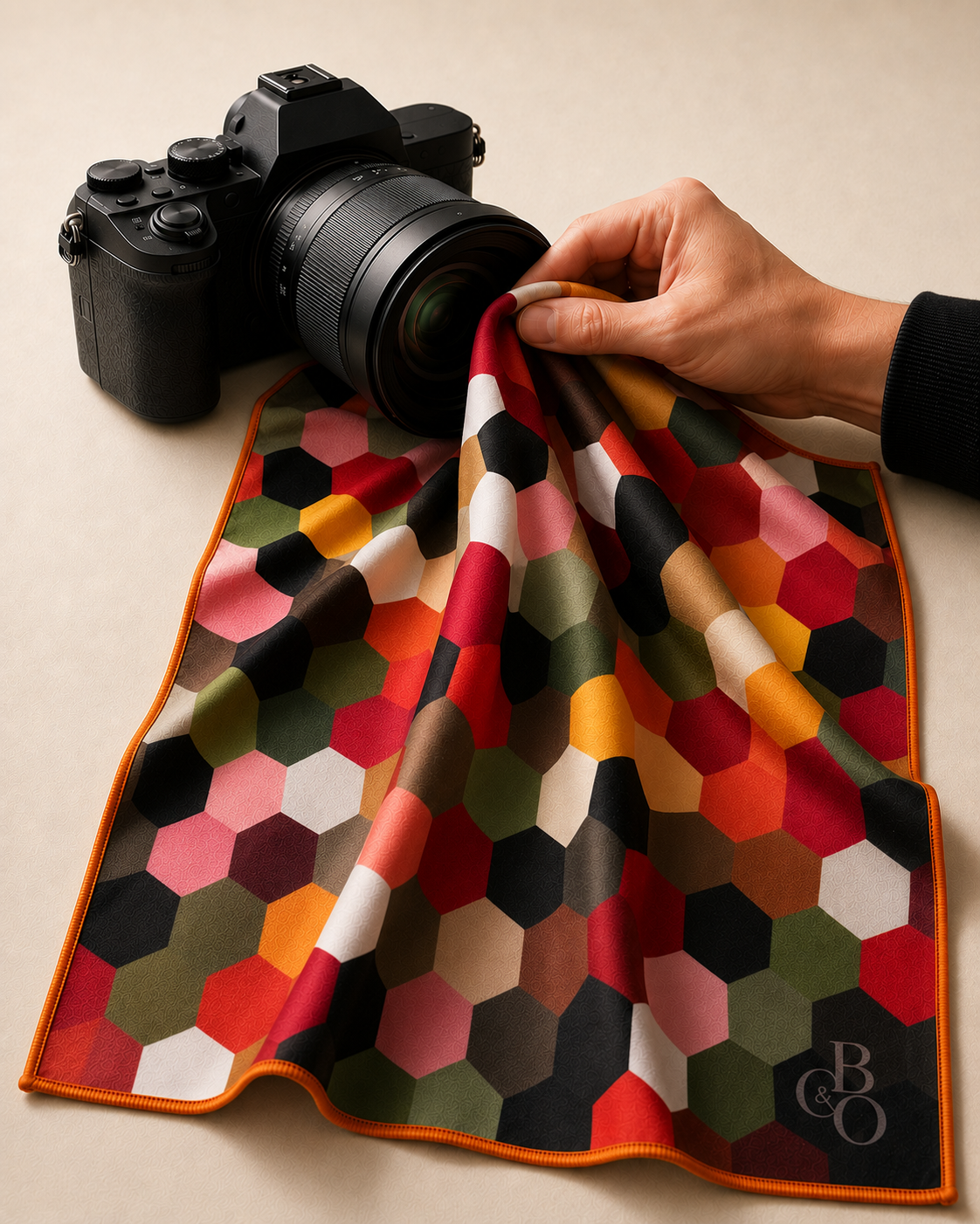 Blossom of Colour optical-grade microfibre cloth presented with eyewear and camera equipment