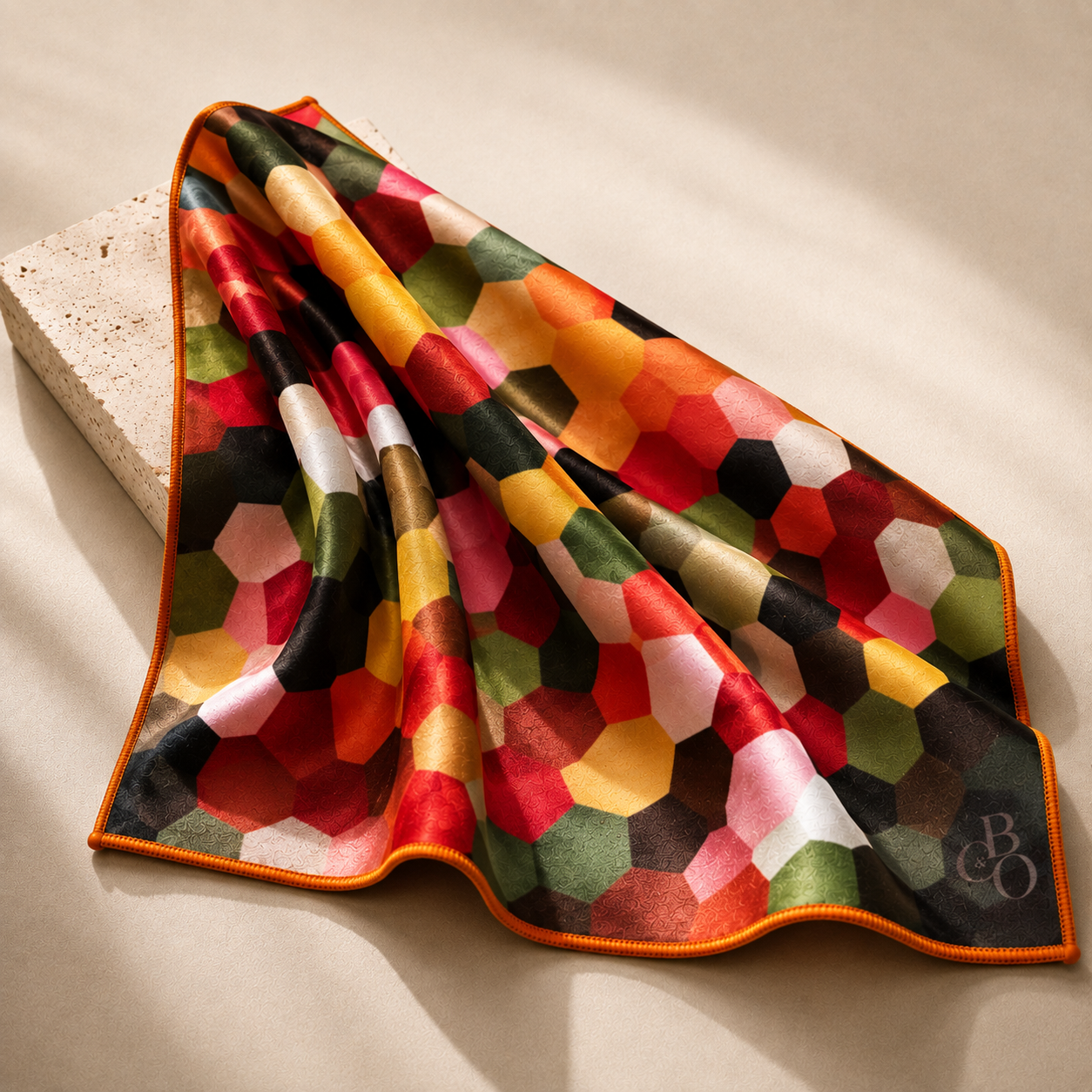 Blossom of Colour cloth draped to show its scale and material