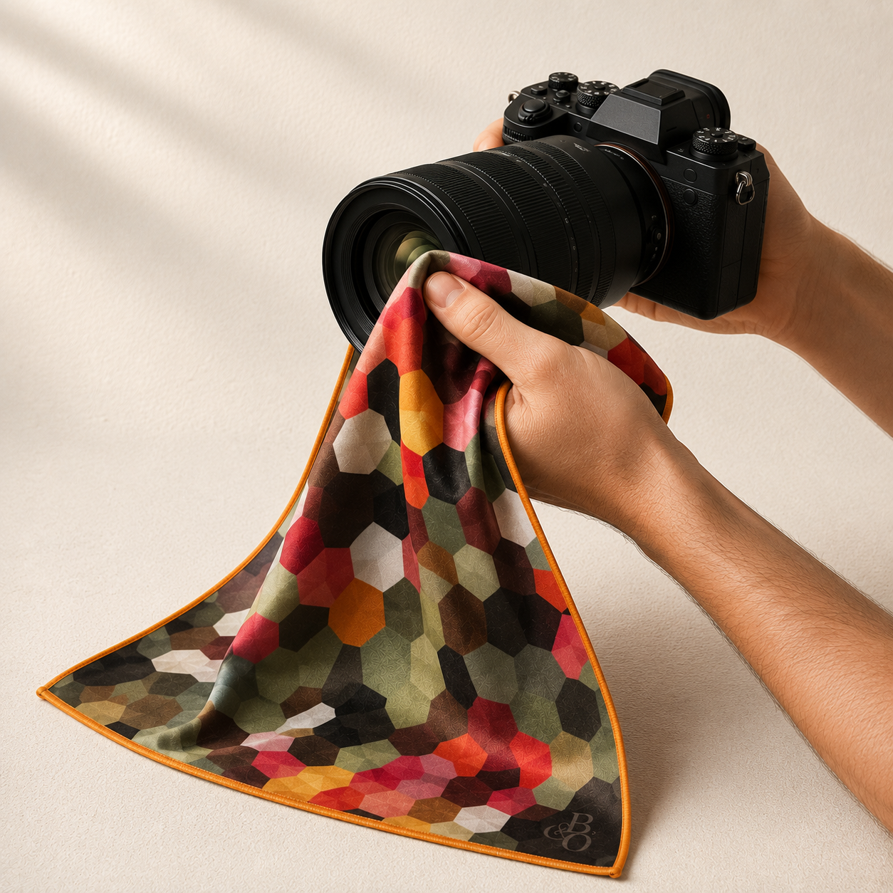 Blossom of Colour cloth being used with a camera lens