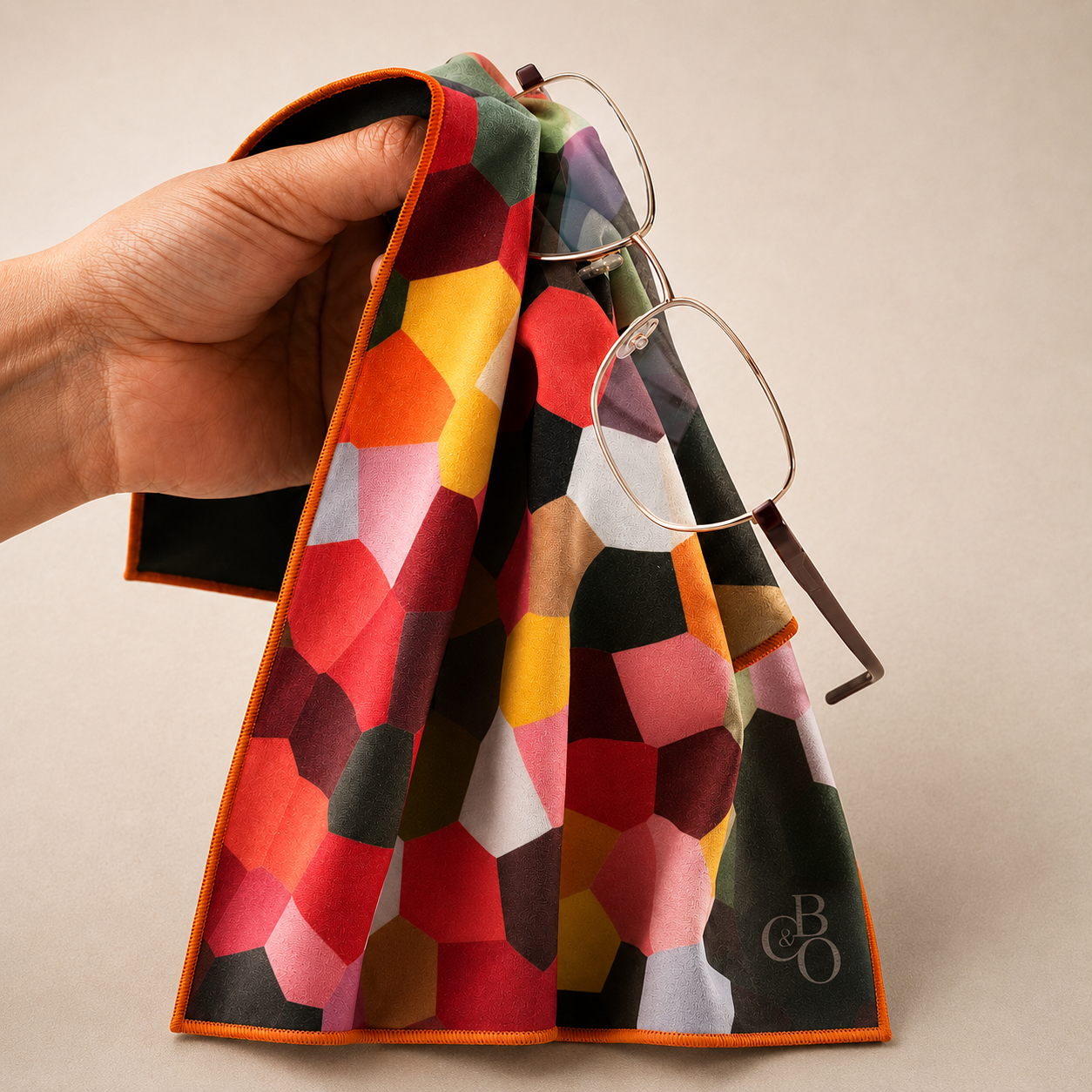 Blossom of Colour cloth being used with eyewear