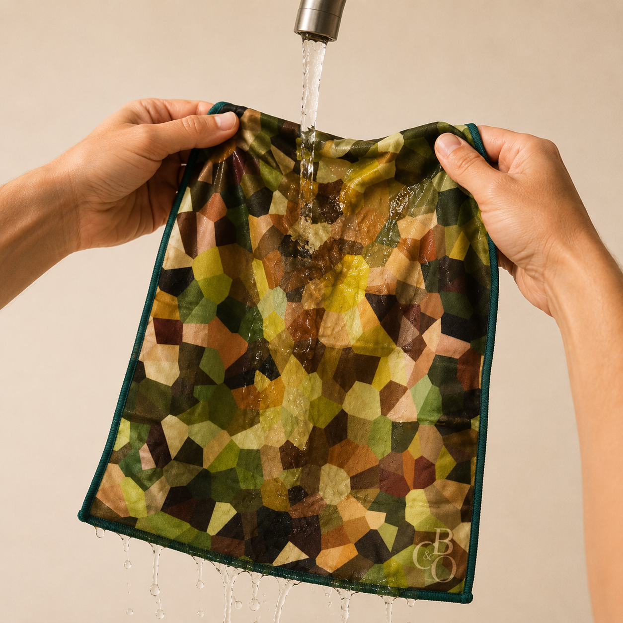 Close detail of Ferns microfibre, stitched edge and printed mark