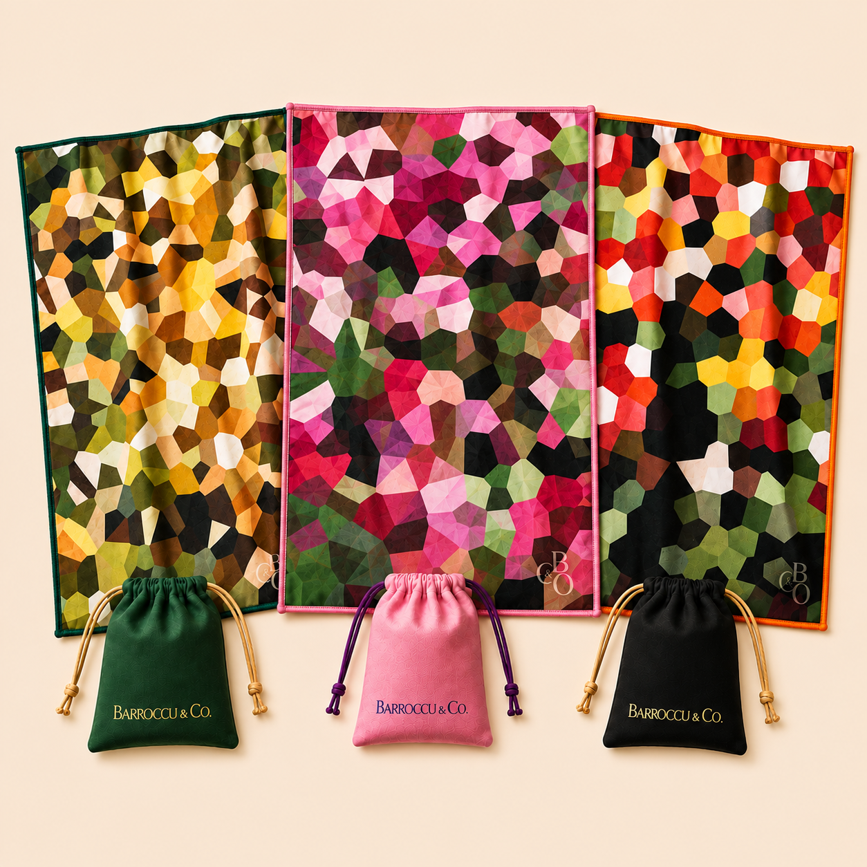 Three-cloth collection with matching pouches