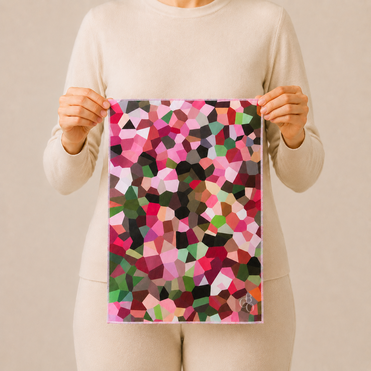 Maple cloth held vertically to show its oversized 43 by 30 centimetre scale