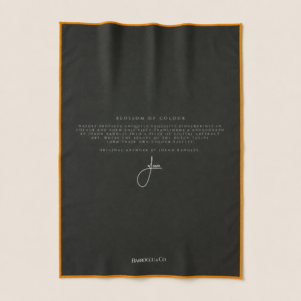 Reverse side of the Blossom of Colour cloth with artwork story and branding