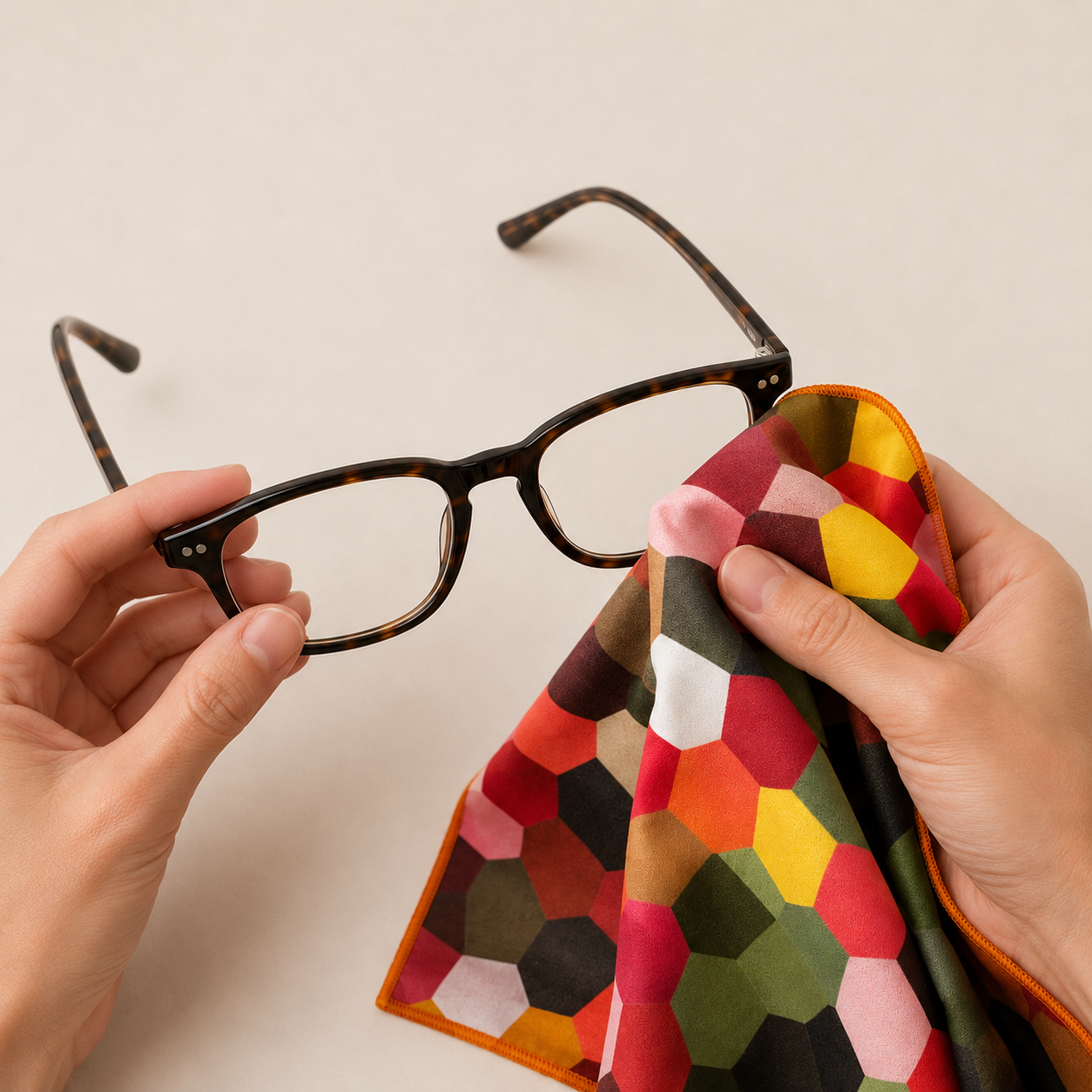 Blossom of Colour cloth being used to clean opened eyewear