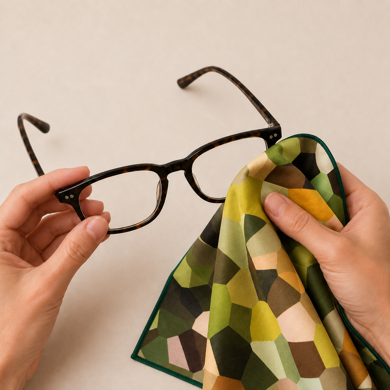 Ferns cloth being used with eyewear