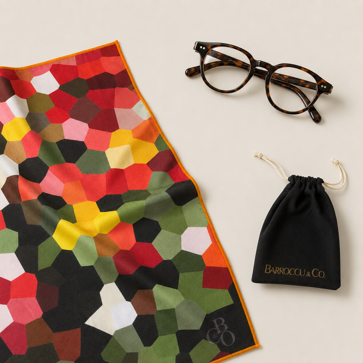 Blossom of Colour cloth with eyewear and black protective pouch