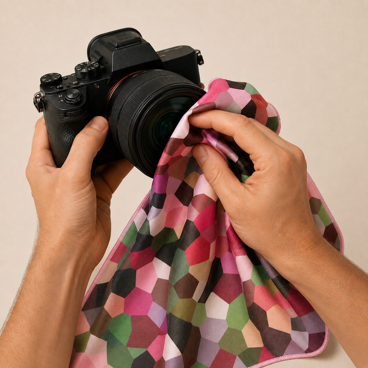 Maple optical-grade microfibre cloth cleaning a camera lens