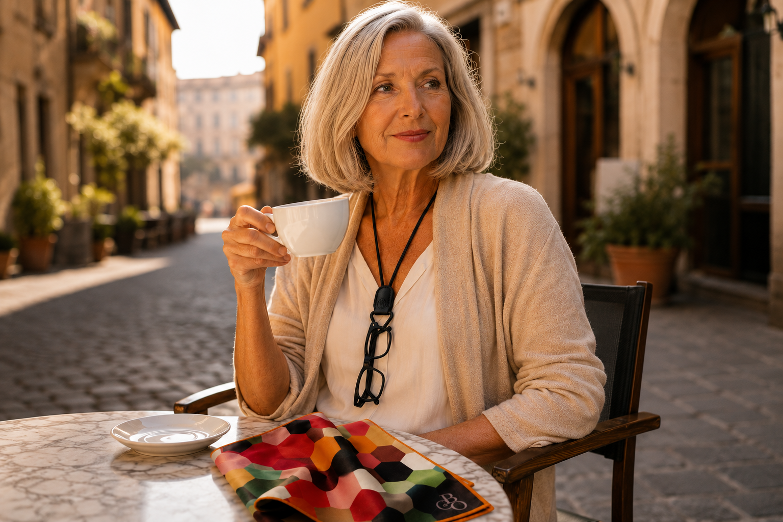 Woman wearing The Signature Eyewear Necklace with Blossom of Colour cloth nearby