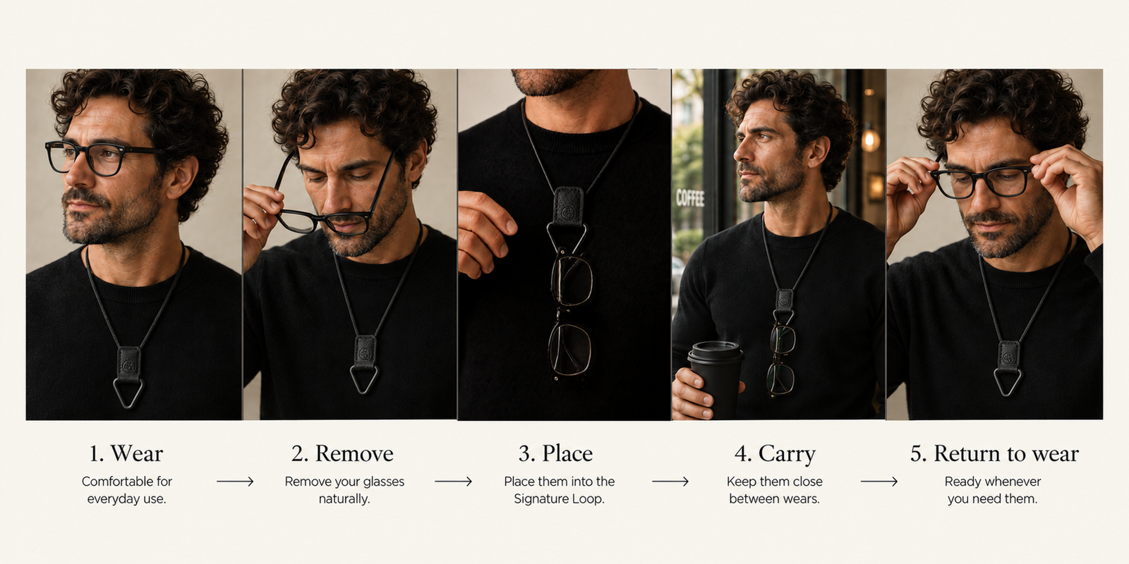 Man wearing his glasses with The Signature Eyewear Necklace