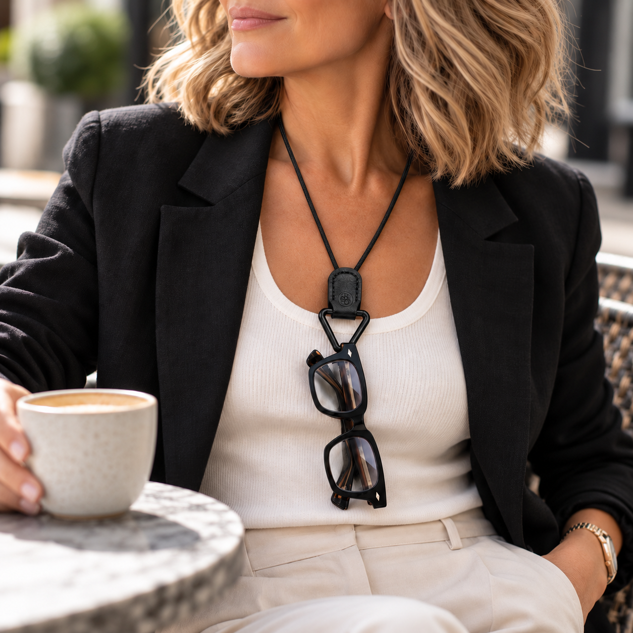 Woman wearing The Signature Eyewear Necklace with glasses resting through its triangular holder