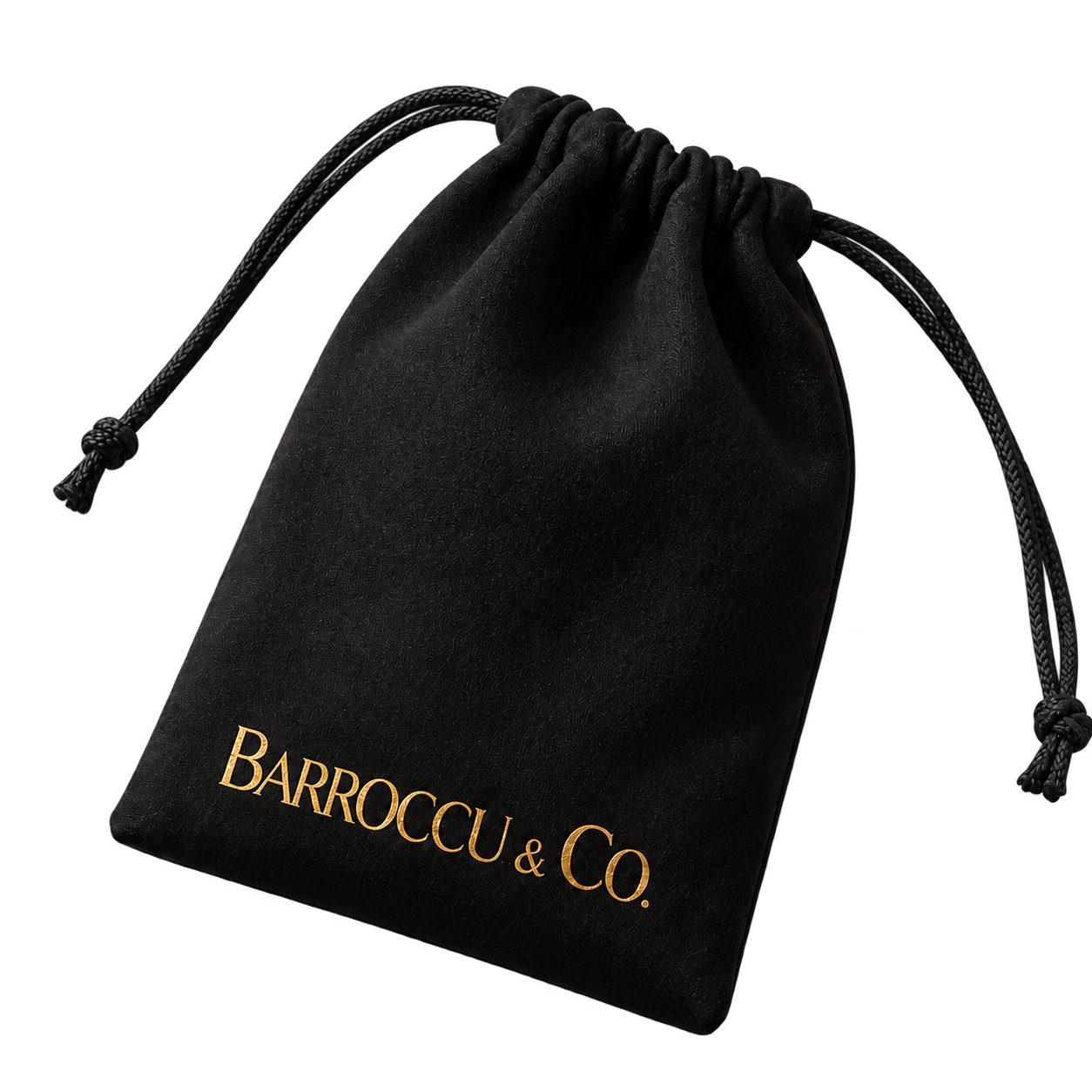 Black drawstring storage pouch with gold Barroccu and Co branding
